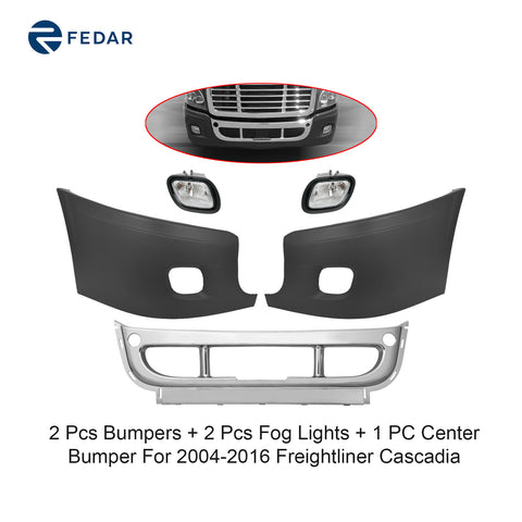 2 Side & Center Bumpers w/ Pair Fog Light for 2004-2016 Freightliner Cascadia