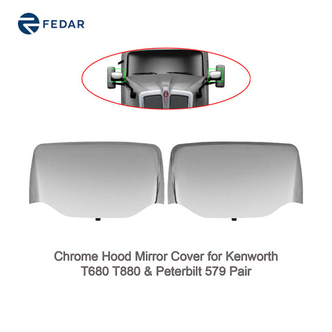 Chrome Hood Mirror Cover for Kenworth T680 T880 & Peterbilt 579 Pair