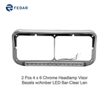 1 Pcs 4 x 6 Chrome Headlamp Visor Bezels w/ Amber LED Bar-Clear Len