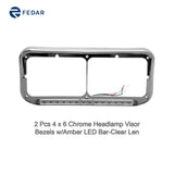 1 Pcs 4 x 6 Chrome Headlamp Visor Bezels w/ Amber LED Bar-Clear Len