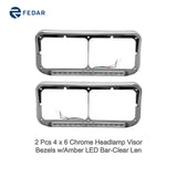1 Pcs 4 x 6 Chrome Headlamp Visor Bezels w/ Amber LED Bar-Clear Len
